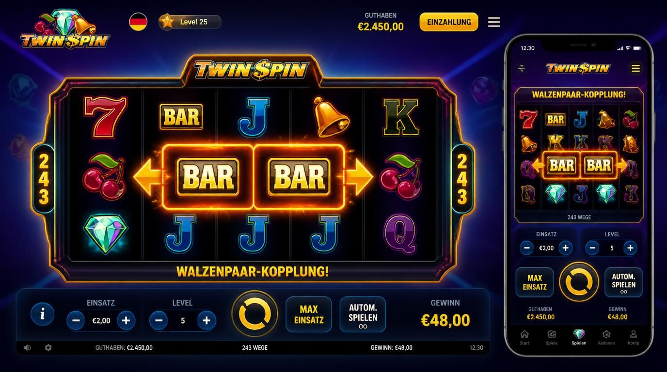 Benutzeroberfläche mit Twin Spin Slot, Desktop &, Mobil, Retro-Farben, Walzenanimation
