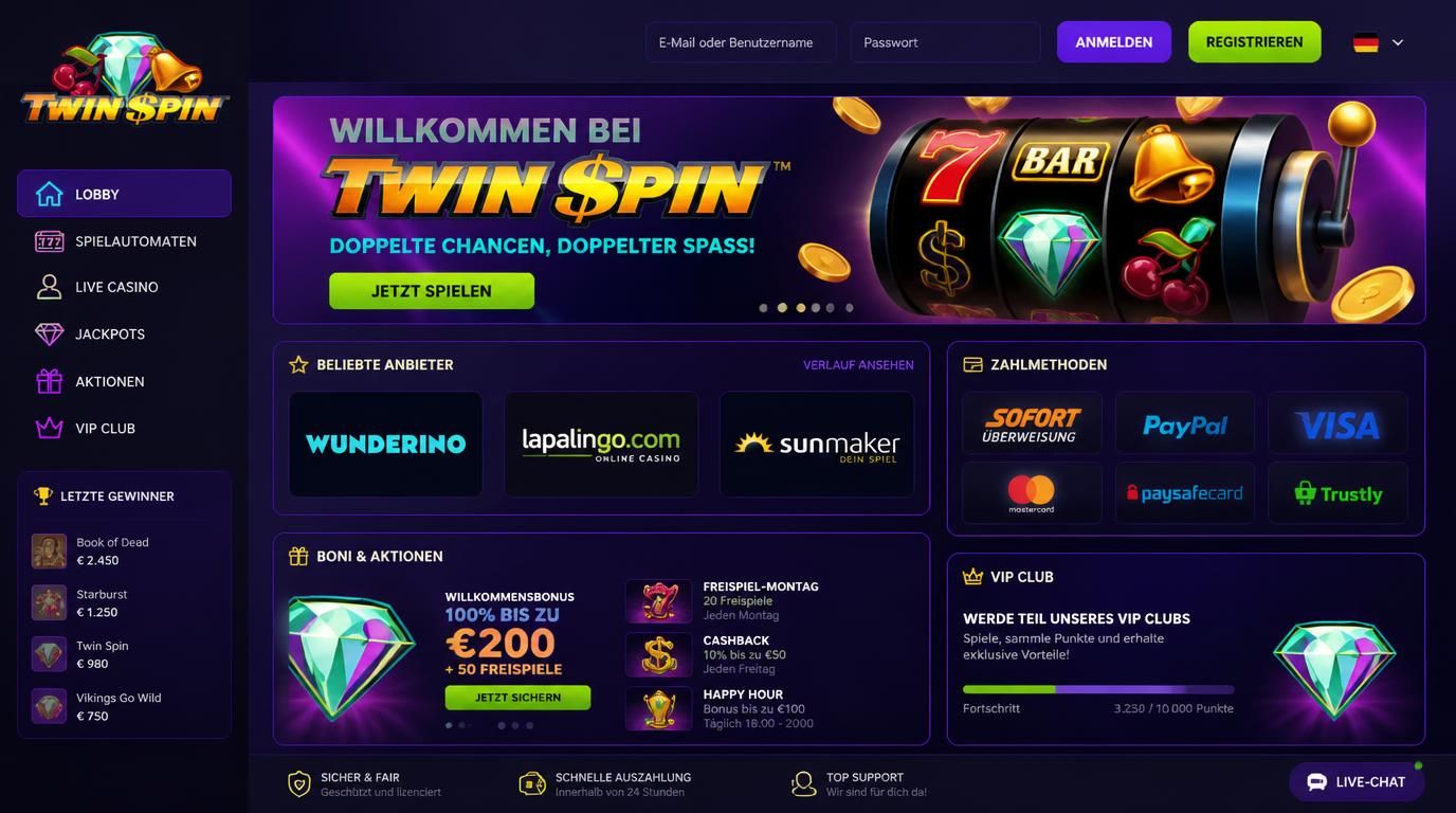 Casino-Lobby mit Twin Spin Auswahl, Boni, bekannte Anbieter